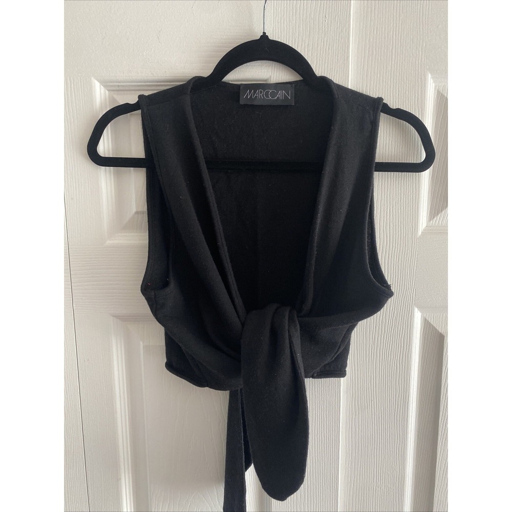 Marc Cain Tie Front Knit Vest Womens Size 4 Black Wool Blend Y2K Sleeveless Crop